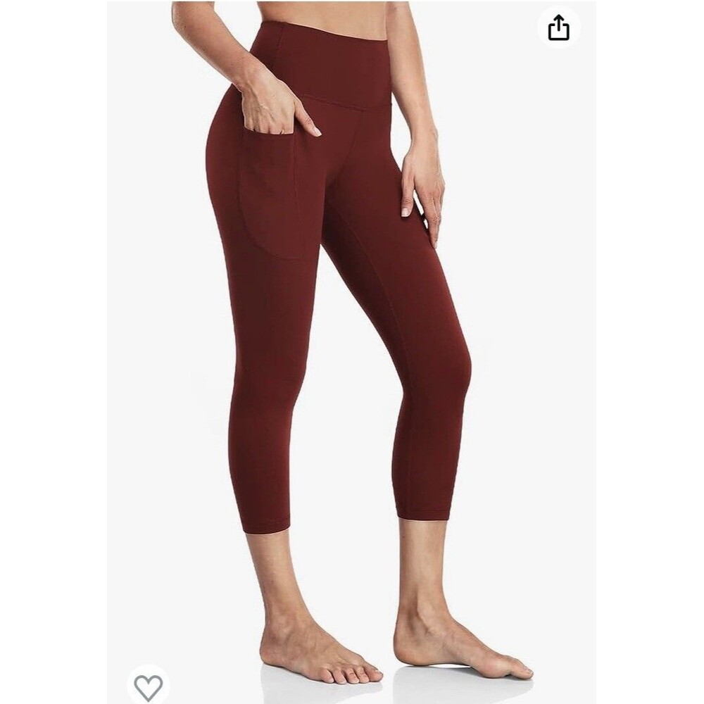 HeyNuts Womens XS Leggings Capris High Waist Pockets Garnet Red Athletic Running